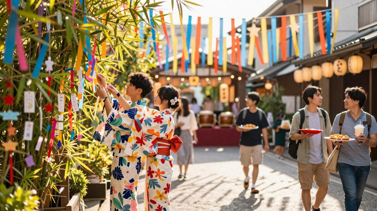 Pessoas vestindo yukata participando de festival tradicional com decorações coloridas em rua iluminada.
