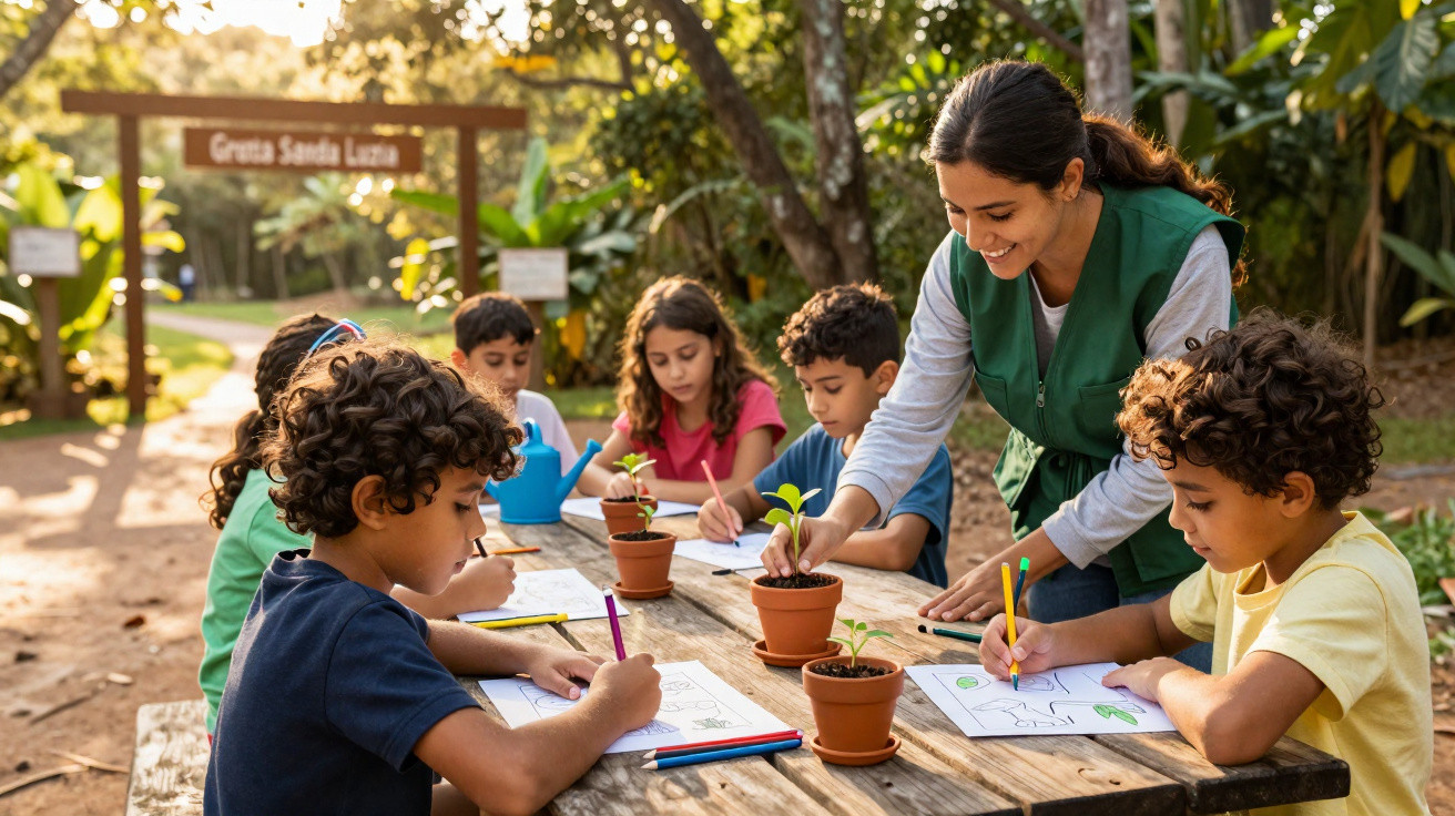 Crianças desenhando plantas em mesas externas, com professora orientando em ambiente ao ar livre.