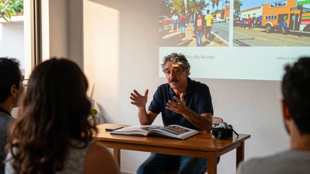 Homem falando e apresentando fotos para grupo em sala iluminada com livro aberto e câmera sobre mesa de madeira.