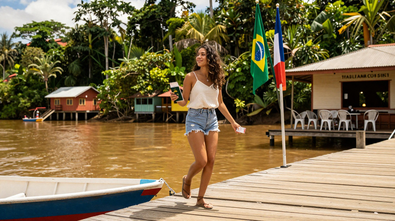 Mulher com short jeans e blusa branca caminha em píer de madeira próximo a barco e bandeiras do Brasil e França.