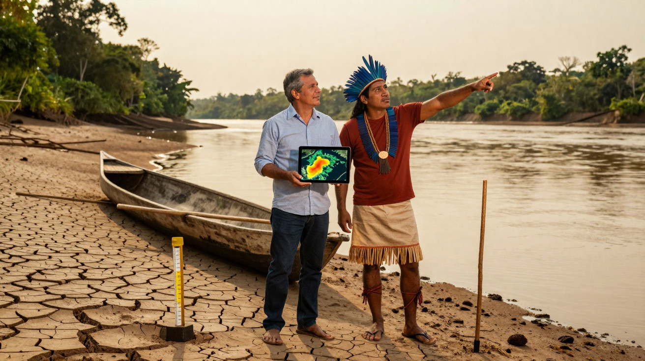Dois homens, um indígena e outro com tablet, observam rio e solo seco com canoa ao fundo.