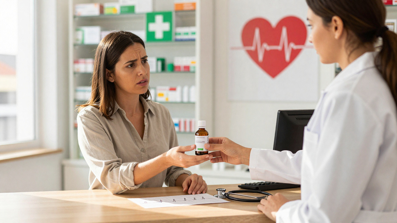 Paciente recebendo medicamento de médica em consultório com cartaz de coração e prateleiras de remédios ao fundo.