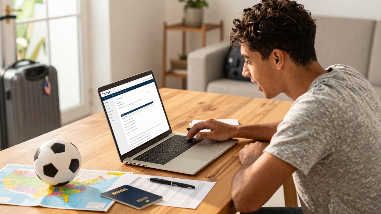Jovem acessando site de viagem no notebook, com mapa, passaporte e bola de futebol na mesa.
