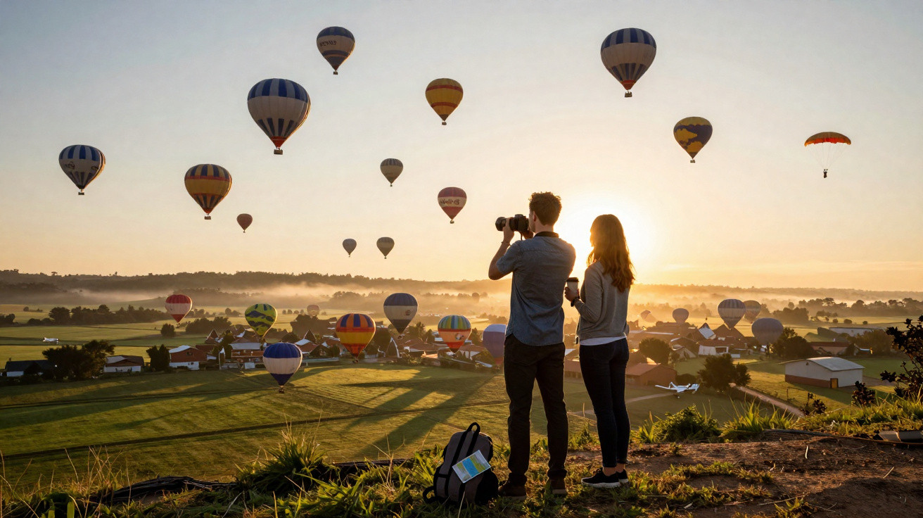 Casal observa balões coloridos flutuando ao pôr do sol em área rural com casas e campo verde.