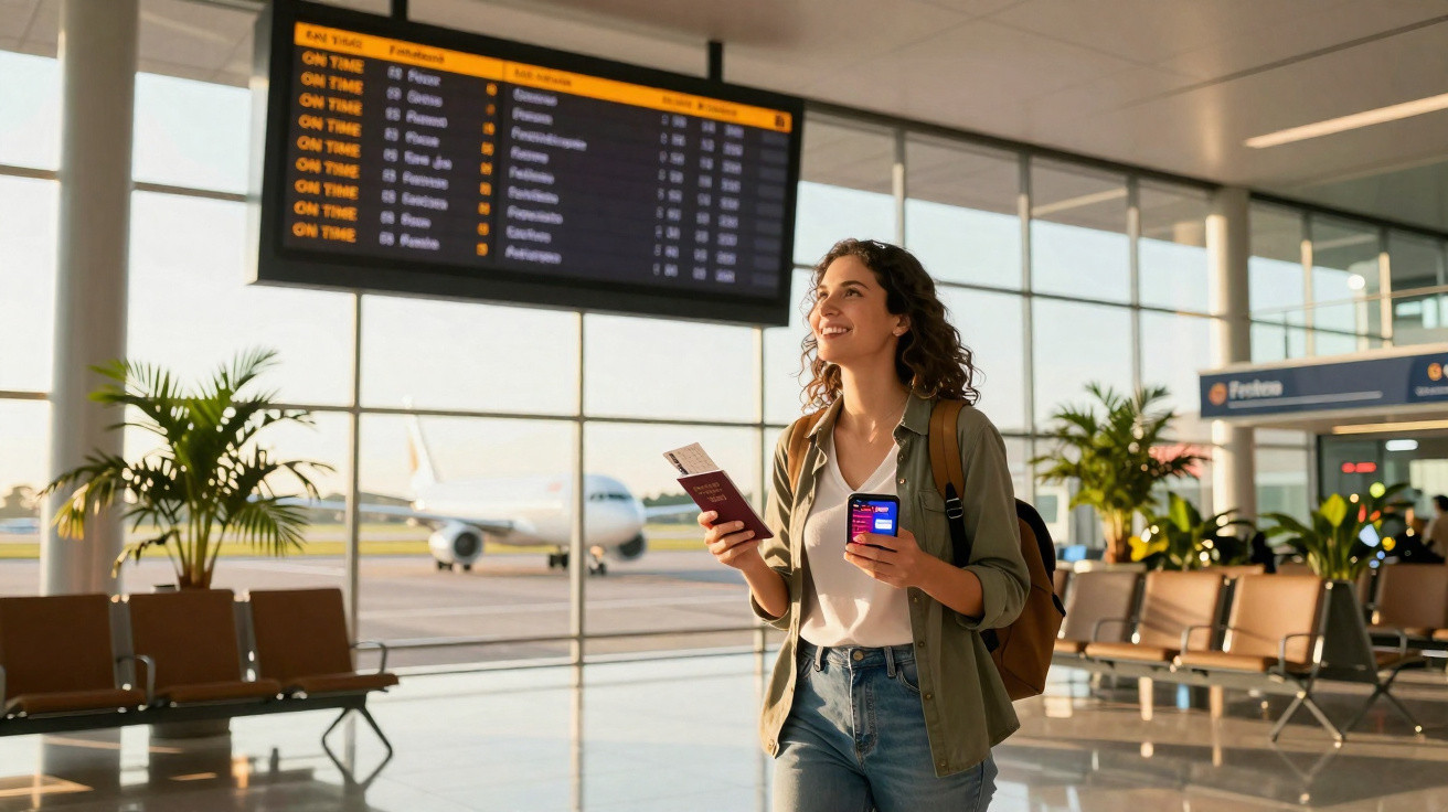 Mulher sorridente com passaporte e celular caminhando no saguão do aeroporto com avião ao fundo.