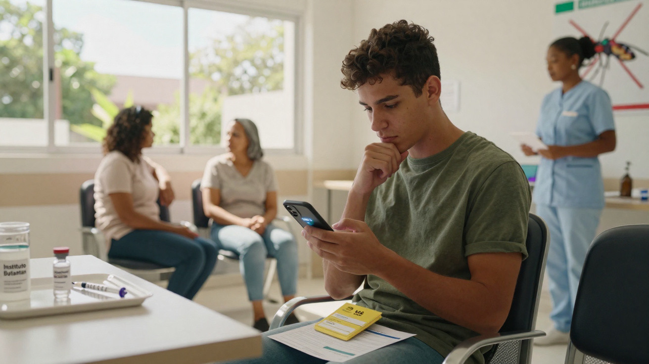 Jovem atento ao celular em sala de espera de clínica, com outras pessoas sentadas e profissional de saúde ao fundo.