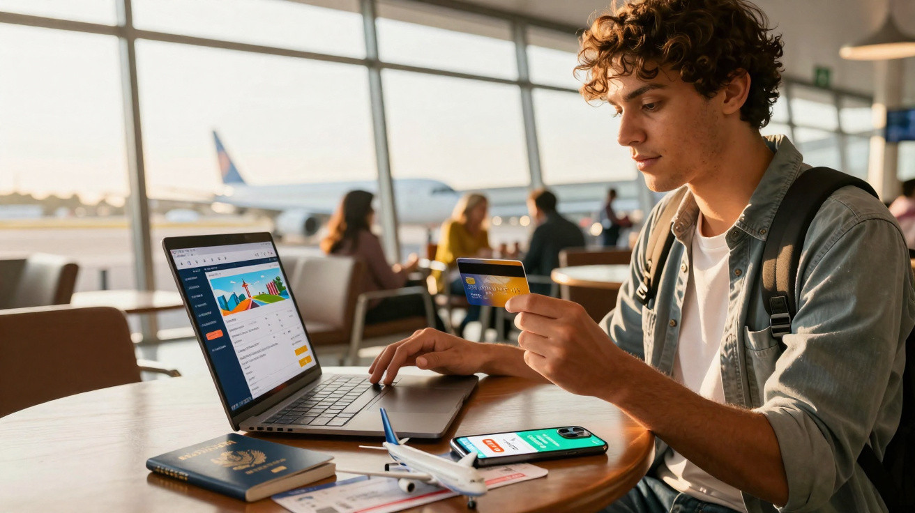 Jovem com cartão de crédito e laptop em aeroporto, comprando passagem aérea online.