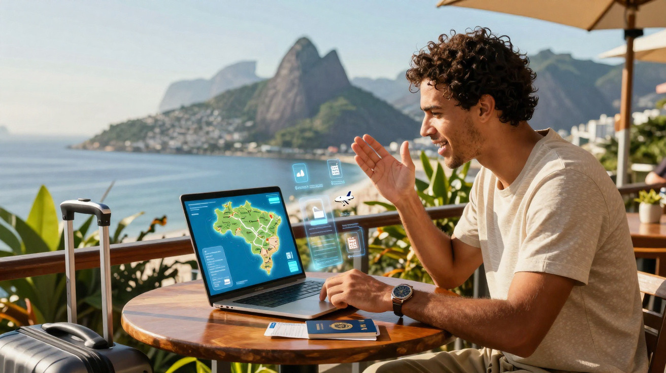 Homem usando laptop com mapa do Brasil e documentos em mesa ao ar livre com vista da paisagem montanhosa.