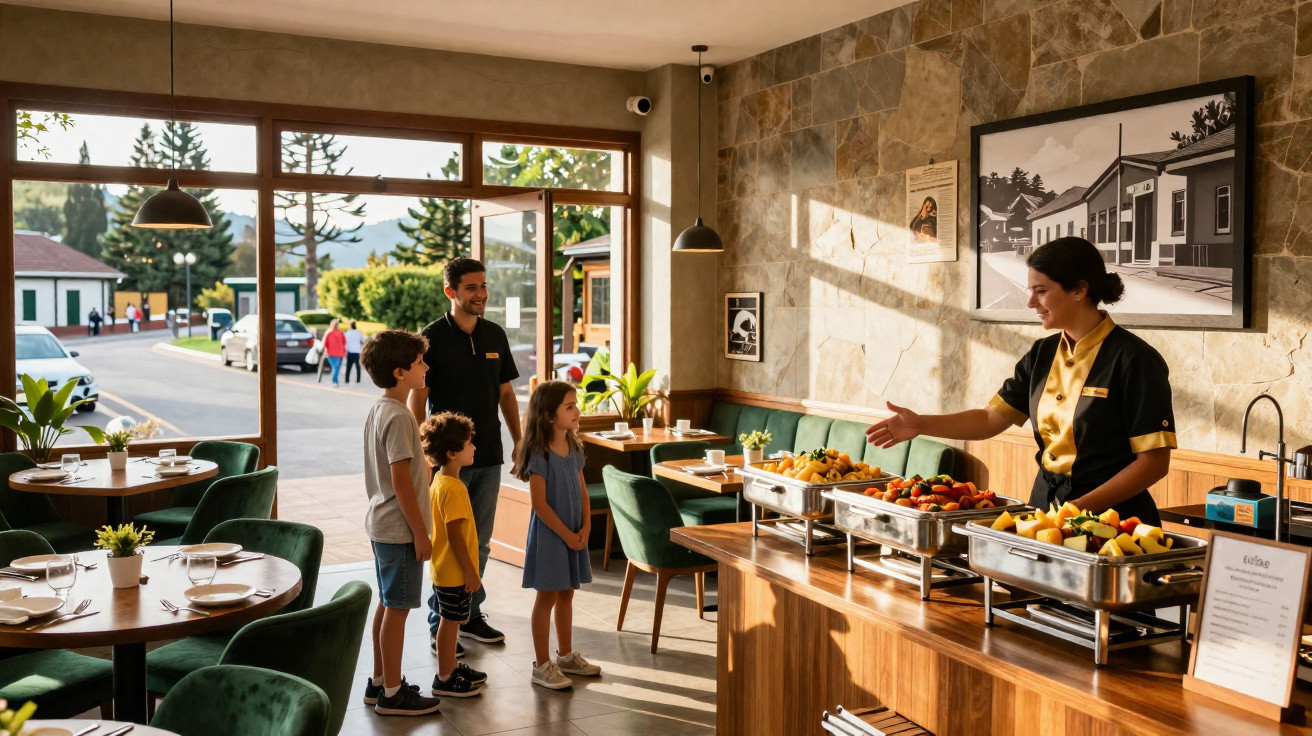 Família com três crianças sendo atendida por garçonete em buffet de restaurante iluminado pelo sol.