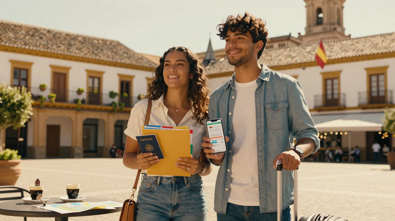 Casal jovem sorridente com passaporte, documentos e celular em praça histórica durante viagem.