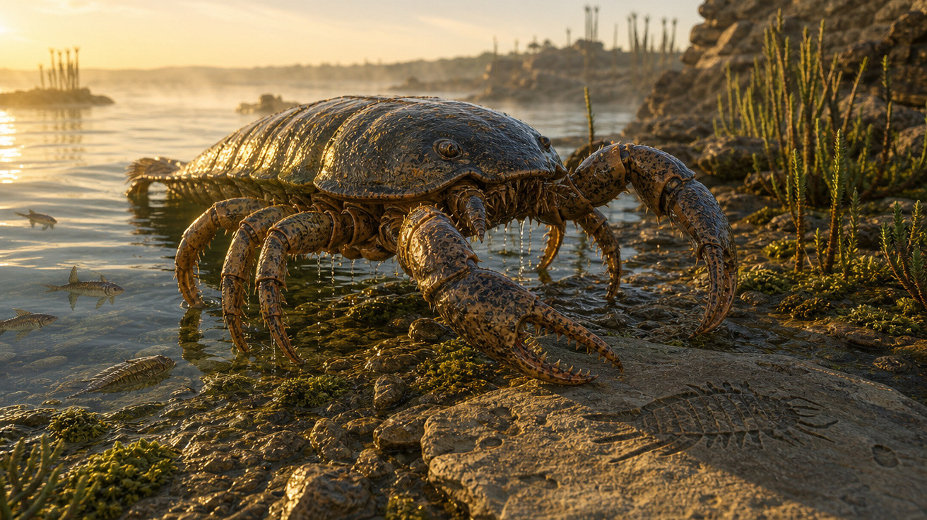 Crustáceo gigante saindo da água em ambiente pré-histórico com peixes e trilobita fossilizada em pedra.