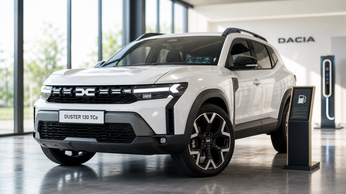 SUV branco Duster 130 TCe exibido em showroom moderno com carregador elétrico ao lado.