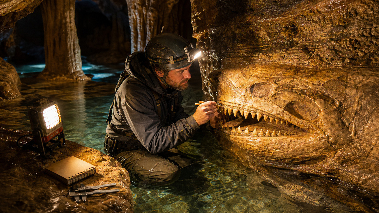 Pesquisador em caverna molhada examina escultura detalhada de um predador pré-histórico com dentes afiados.