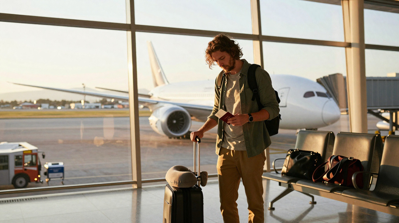 Homem com mochila e mala verifica documentos dentro de aeroporto com avião ao fundo.