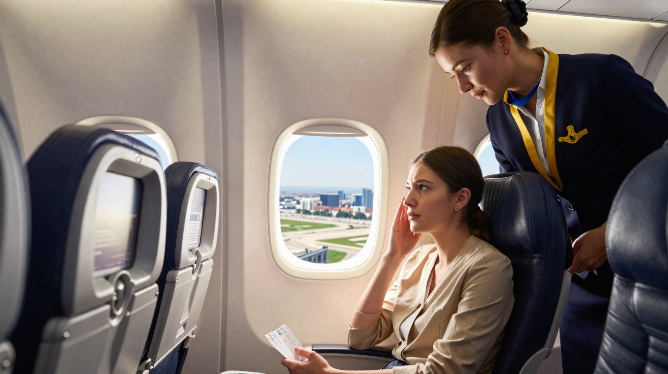 Passageira sentada no avião segurando bilhete enquanto comissária de bordo auxilia perto da janela.
