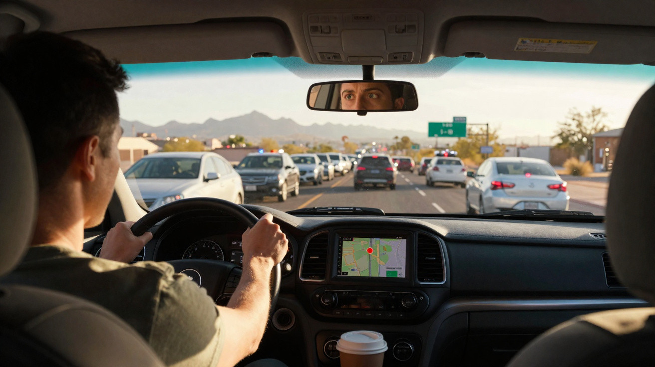 Motorista dirigindo em trânsito parado durante o dia, com GPS ativo e copo de café no carro.