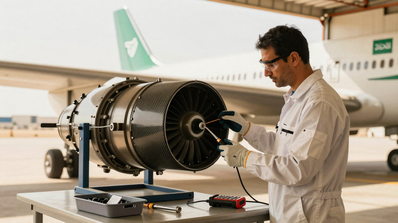 Engenheiro em macacão branco inspeciona motor de avião em hangar, com aeronave ao fundo.