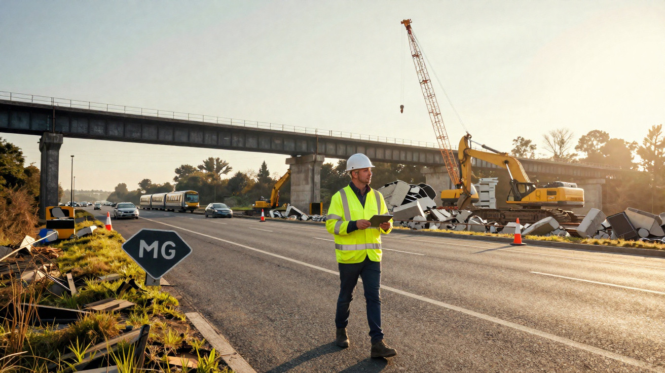 Engenheiro de segurança com capacete e colete avaliando obras em rodovia com máquinas e viaduto ao fundo.