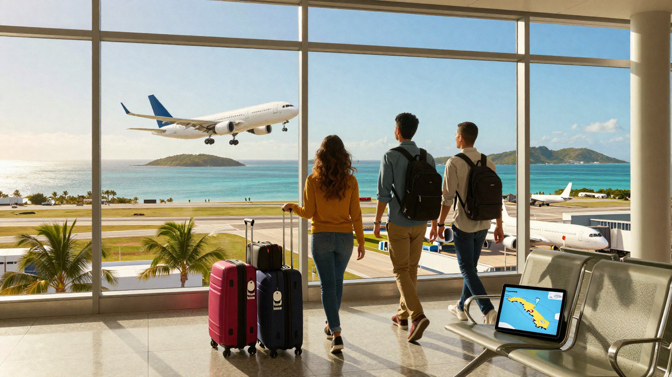 Três viajantes com mochilas e malas observando avião pousando em aeroporto com vista para o mar.