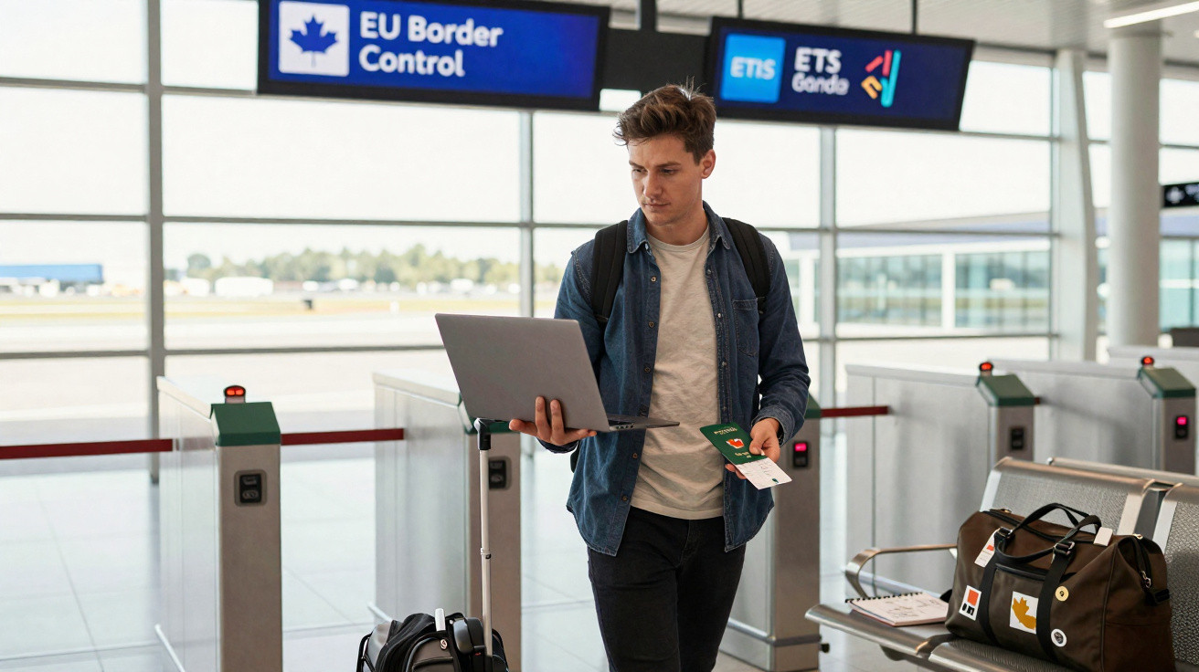 Jovem na fila do controle de fronteira da UE com mochila, laptop e documentos na mão em aeroporto.