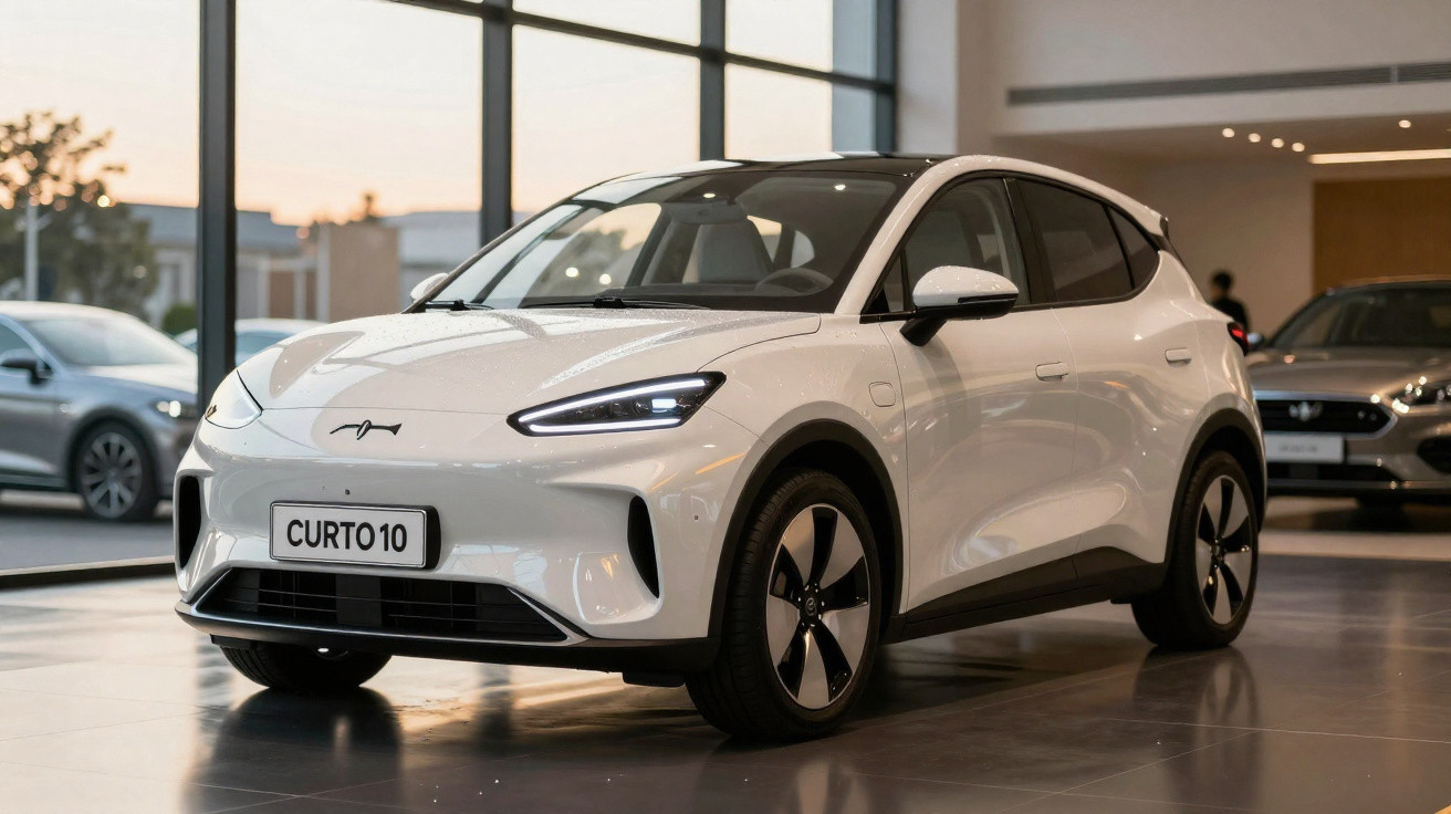Carro elétrico branco modelo CURTO 10 exibido em showroom com iluminação natural e piso refletivo.
