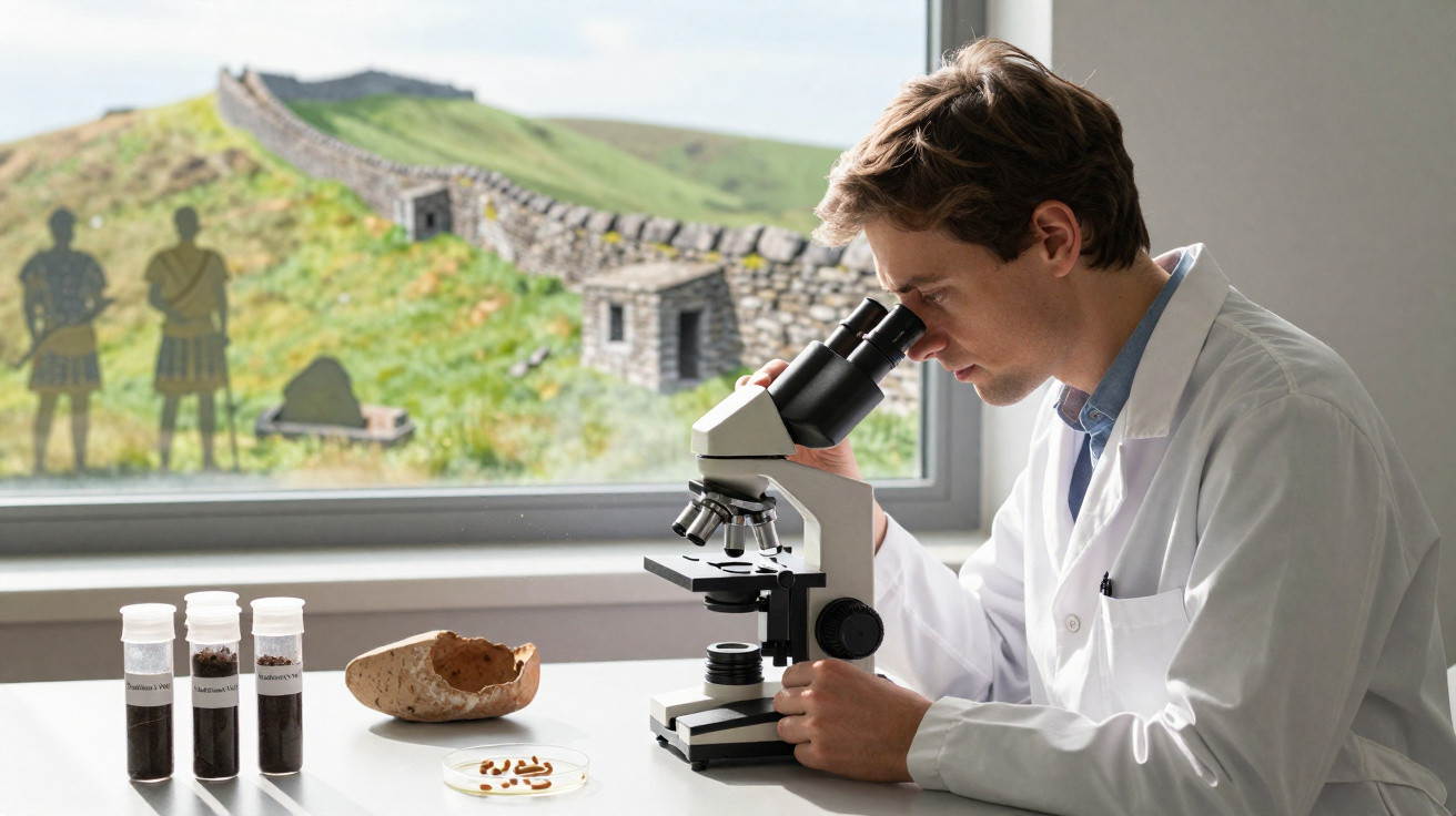 Homem com jaleco observa amostra no microscópio em laboratório, com janela mostrando muralha e campo verde.