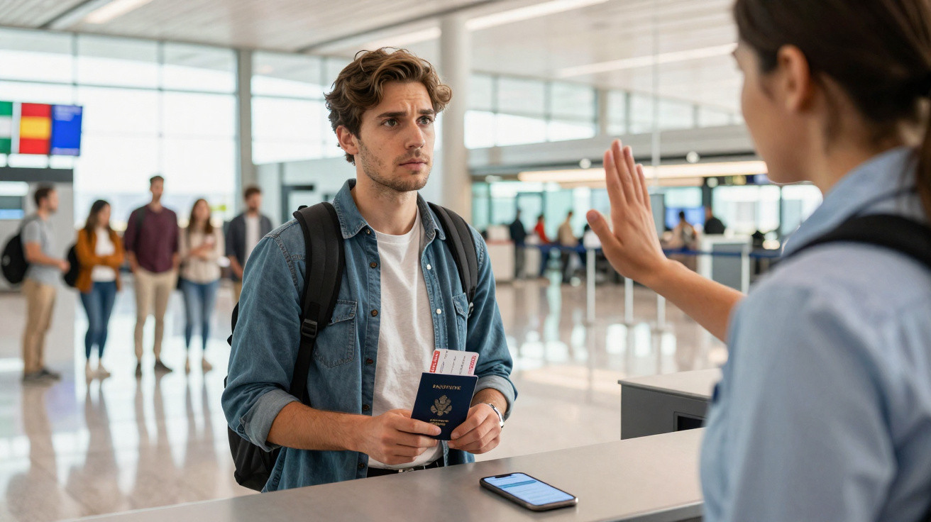 Jovem com passaporte e bilhetes parado por funcionária com a mão levantada no balcão do aeroporto.