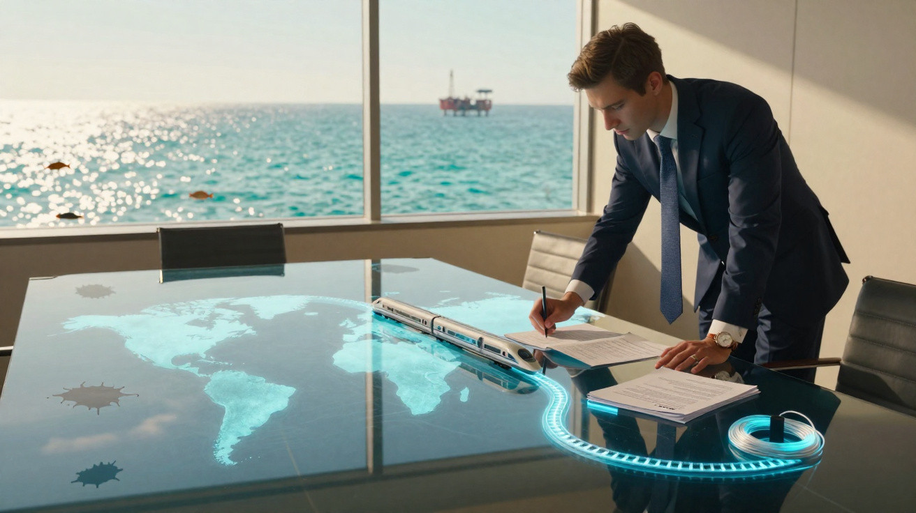 Homem de terno assina documento em mesa com mapa-múndi e trem futurista holográfico iluminado.
