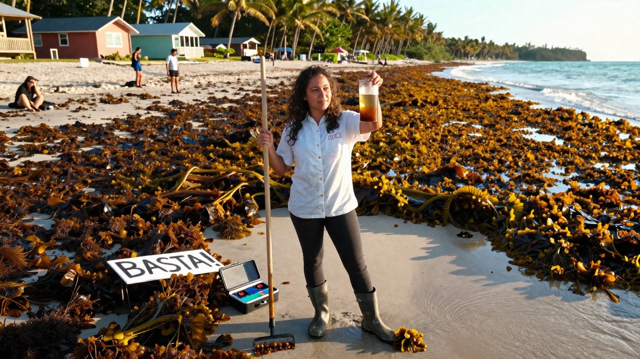 Mulher segura amostra de água em praia coberta por algas marrons, com placa escrita "BASTA!" ao fundo.