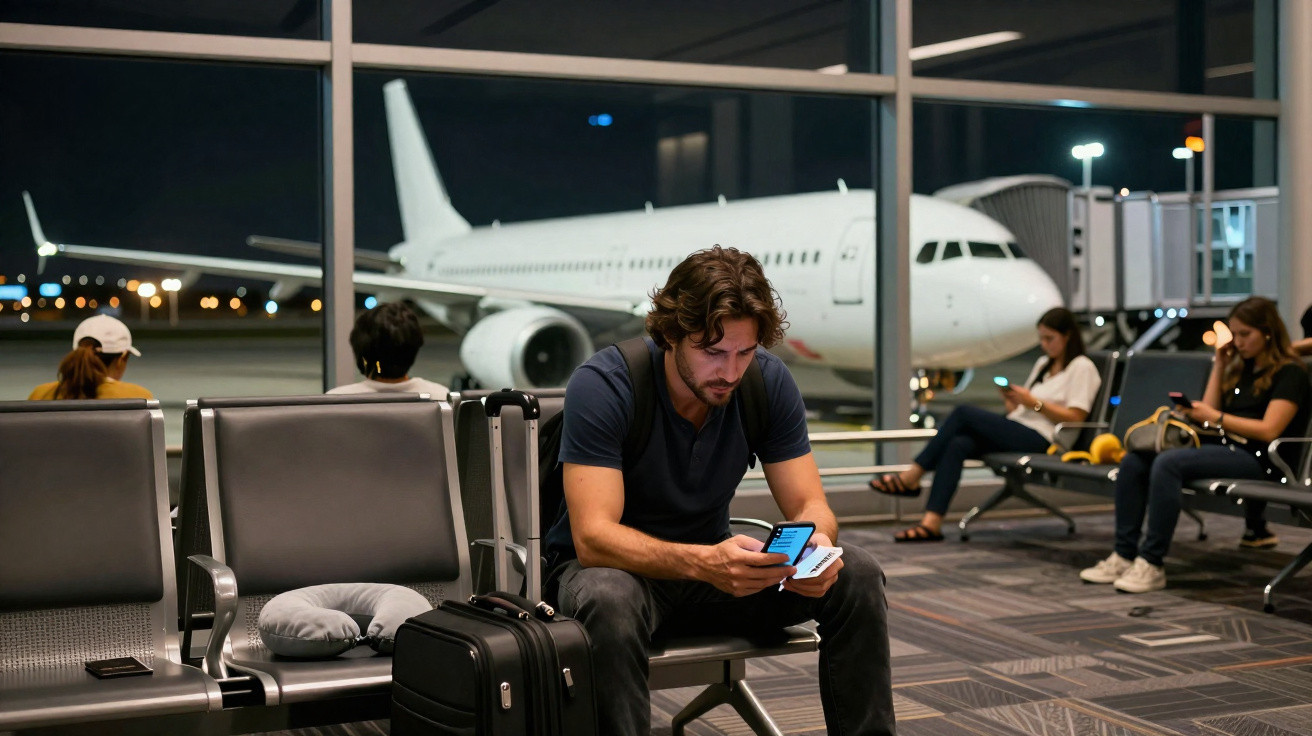 Homem sentado em sala de embarque de aeroporto à noite, com avião pelo vidro ao fundo.