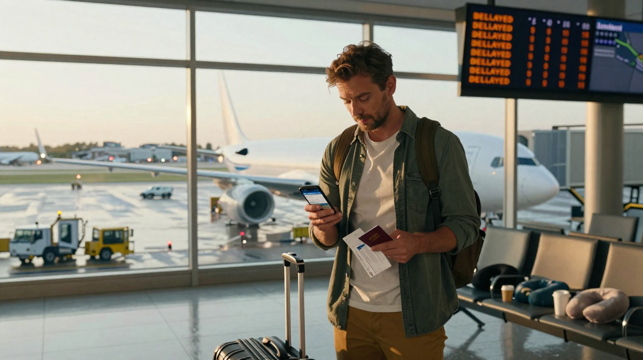 Homem verifica celular e segurando passaporte no aeroporto com avião ao fundo e avisos de voos atrasados.