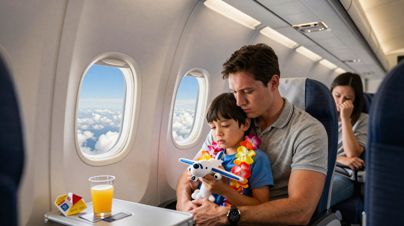 Homem e criança com brinquedo avião sentados na janela de avião, mulher ao fundo aparenta estar triste.