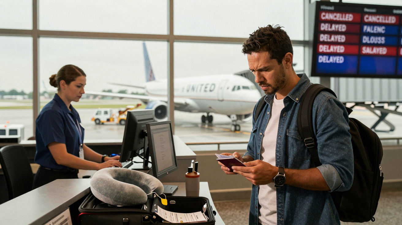 Homem com mochila confere passaporte no balcão de check-in enquanto mulher trabalha em computador no aeroporto.