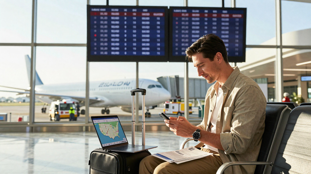 Homem sentado no aeroporto com mala, laptop e celular aguardando voo com avião ao fundo.