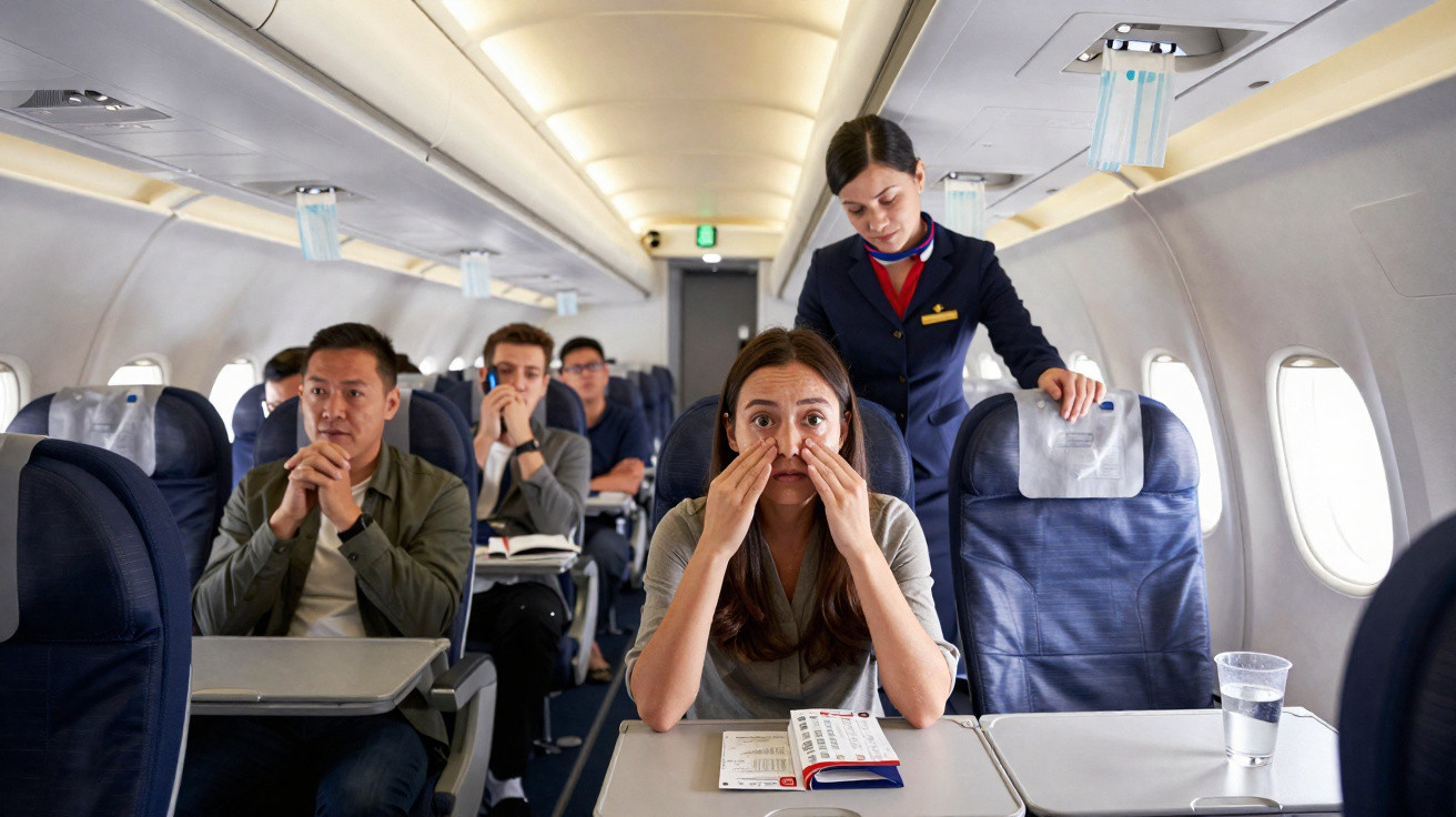Passageira com desconforto sendo assistida por comissária em poltrona de avião durante voo.
