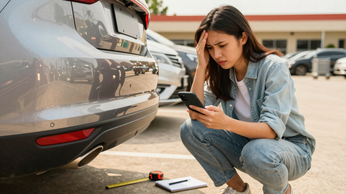 Mulher preocupada medidas danos no para-choque traseiro do carro em estacionamento ao ar livre.