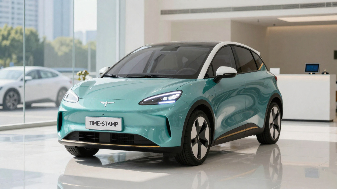 Carro elétrico compacto azul com teto branco exibido em showroom moderno e iluminado.
