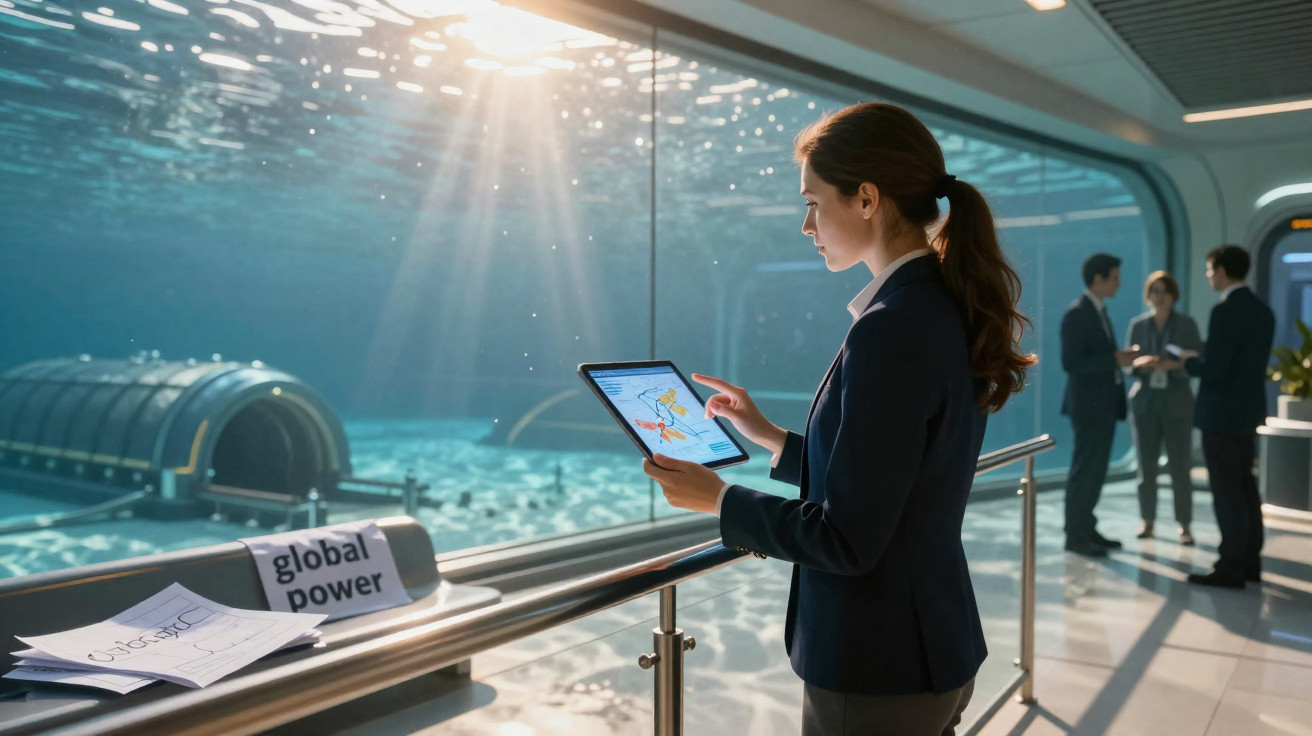 Mulher usando tablet em escritório com vista subaquática e papéis sobre orçamento e poder global.