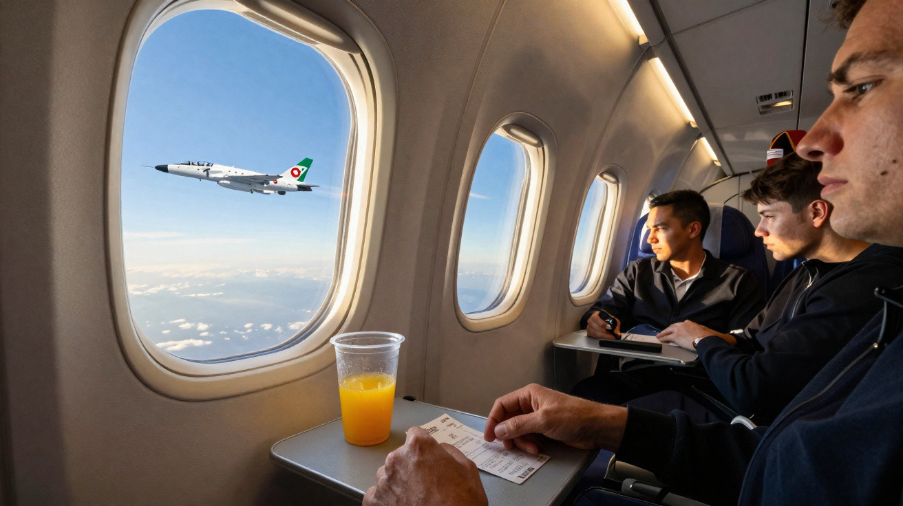 Interior de avião com três passageiros olhando pela janela e uma aeronave voando próxima acima das nuvens.