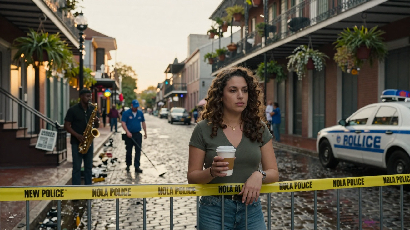 Mulher de camiseta verde segura café atrás de fita policial em rua com polícia e músico ao fundo.