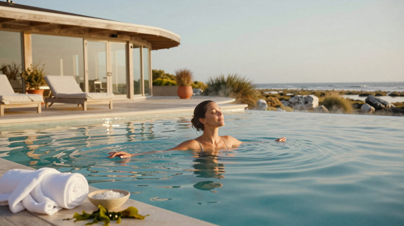 Mulher relaxando em piscina infinita com vista para o mar ao entardecer em casa moderna.