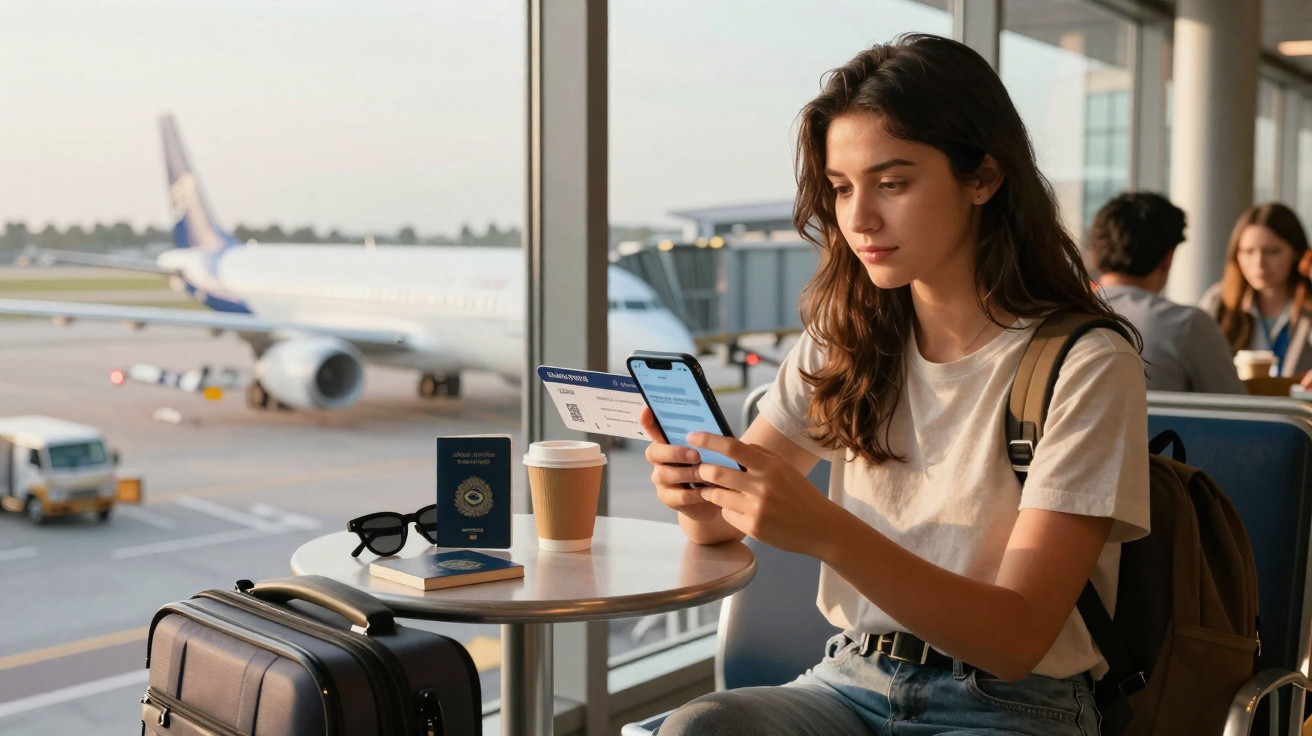 Mulher sentada no aeroporto com celular, passaporte e malas, aguardando voo.