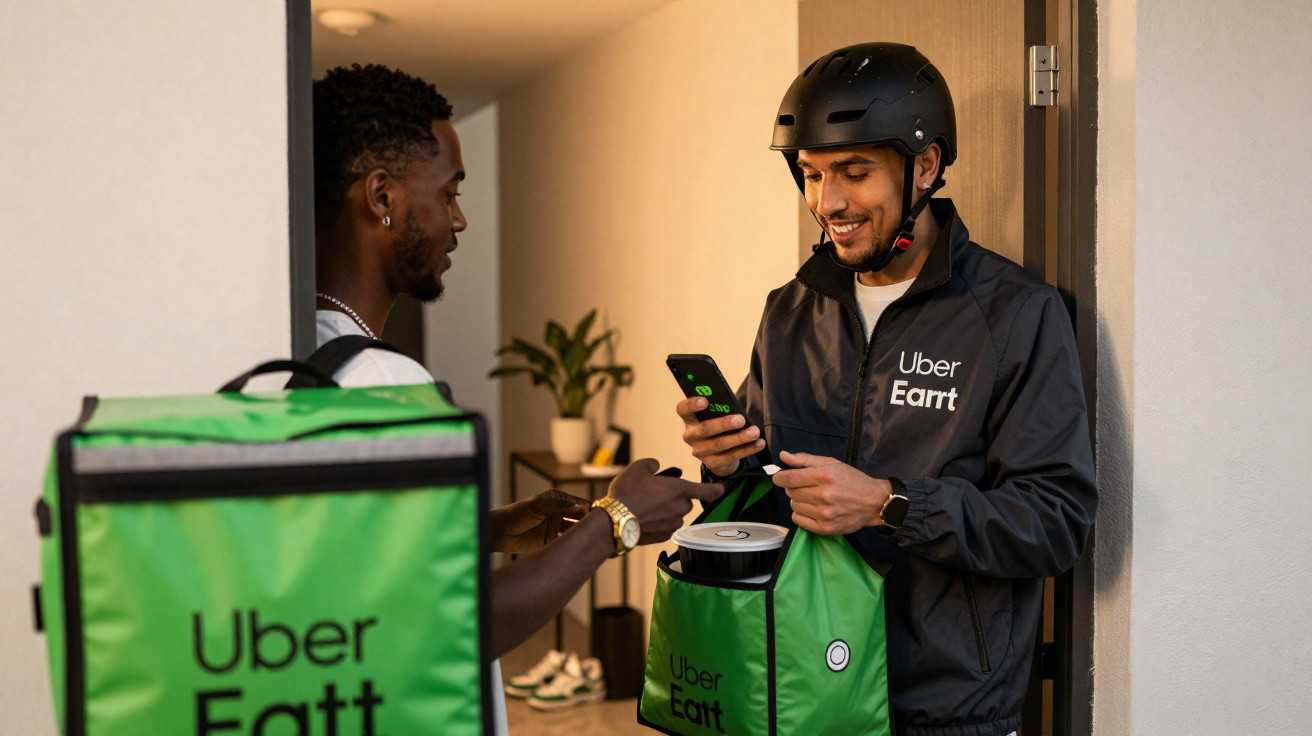 Entregador do Uber Eats entregando comida para cliente na porta de casa, ambos sorrindo.