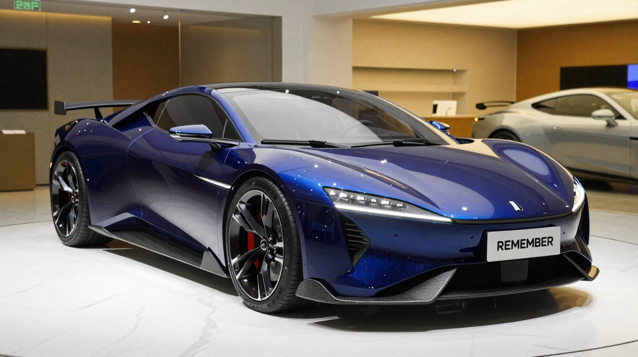 Carro esportivo azul escuro com design aerodinâmico exibido em ambiente interno sofisticado.