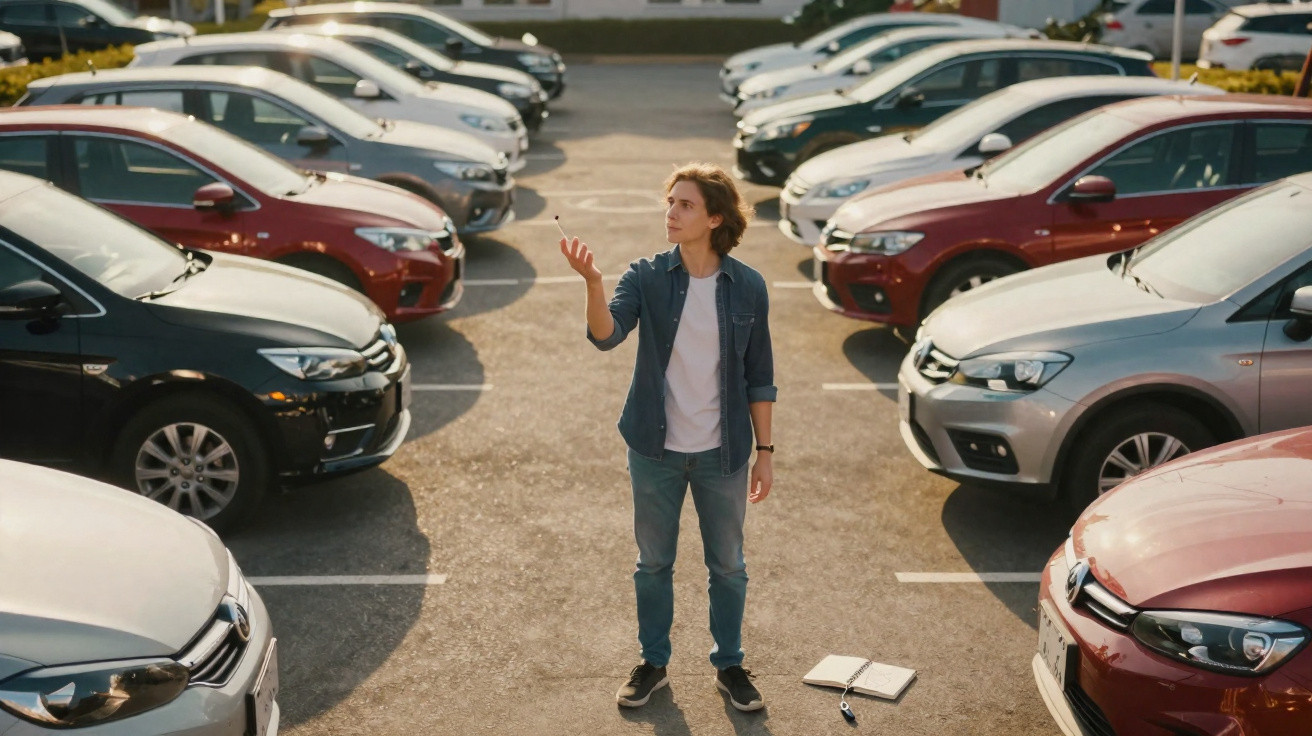 Jovem de camiseta e jaqueta azul lança chave no ar em estacionamento lotado de carros.