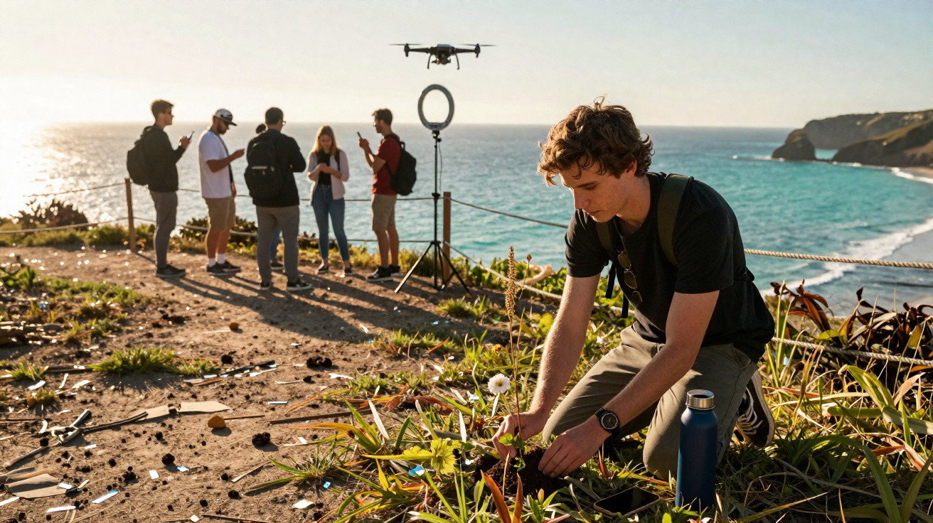 Jovem cuida de planta à beira-mar enquanto grupo usa celular próximo a drone e ring light ao pôr do sol.