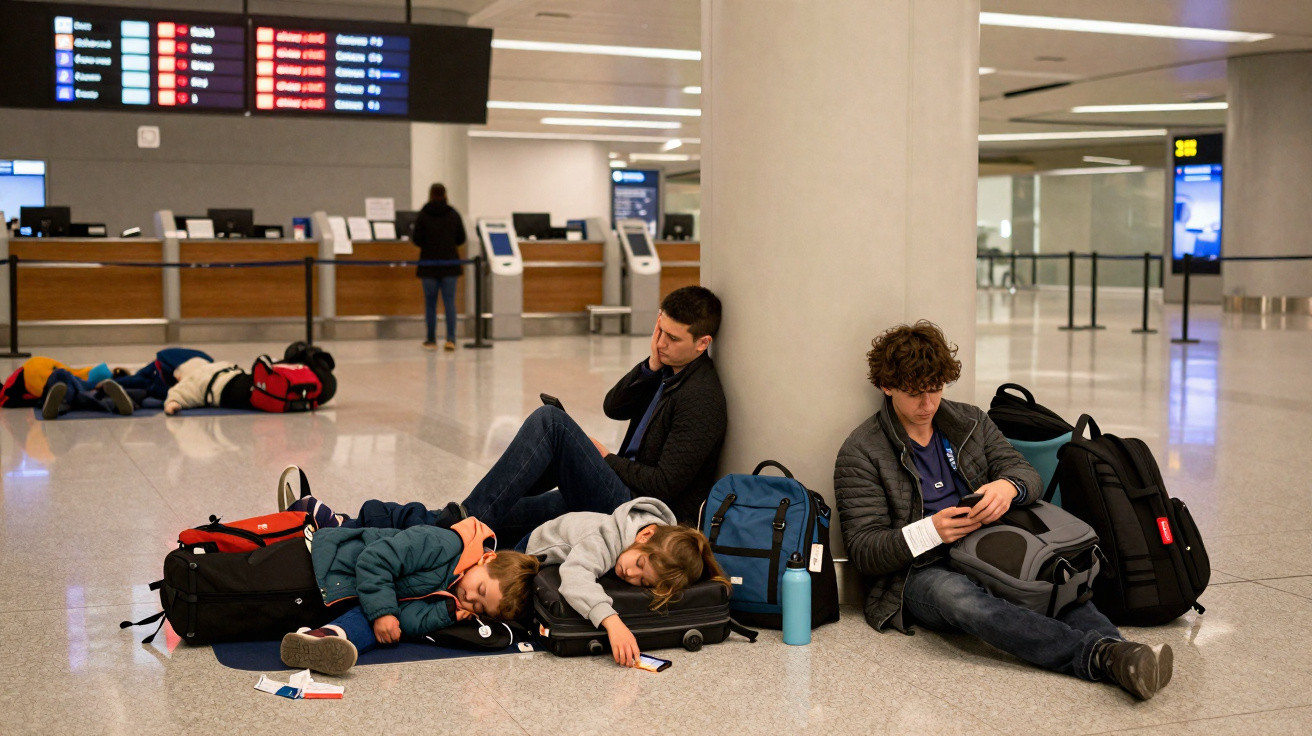 Família cansada sentada e deitada no chão de aeroporto, cercada por malas e mochilas, aguardando voo.