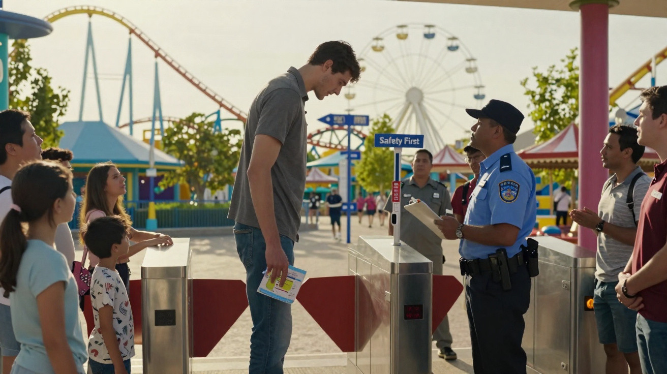 Homem entregando ingresso a segurança na entrada de um parque de diversões com roda-gigante ao fundo.