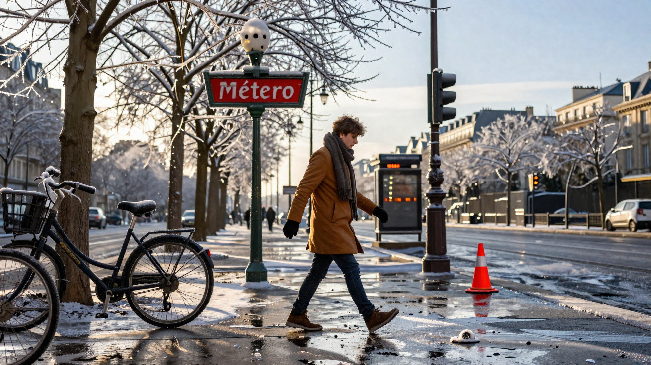 Homem vestido com casaco marrom cruza rua perto de bicicleta e placa de metrô em dia de inverno na cidade.