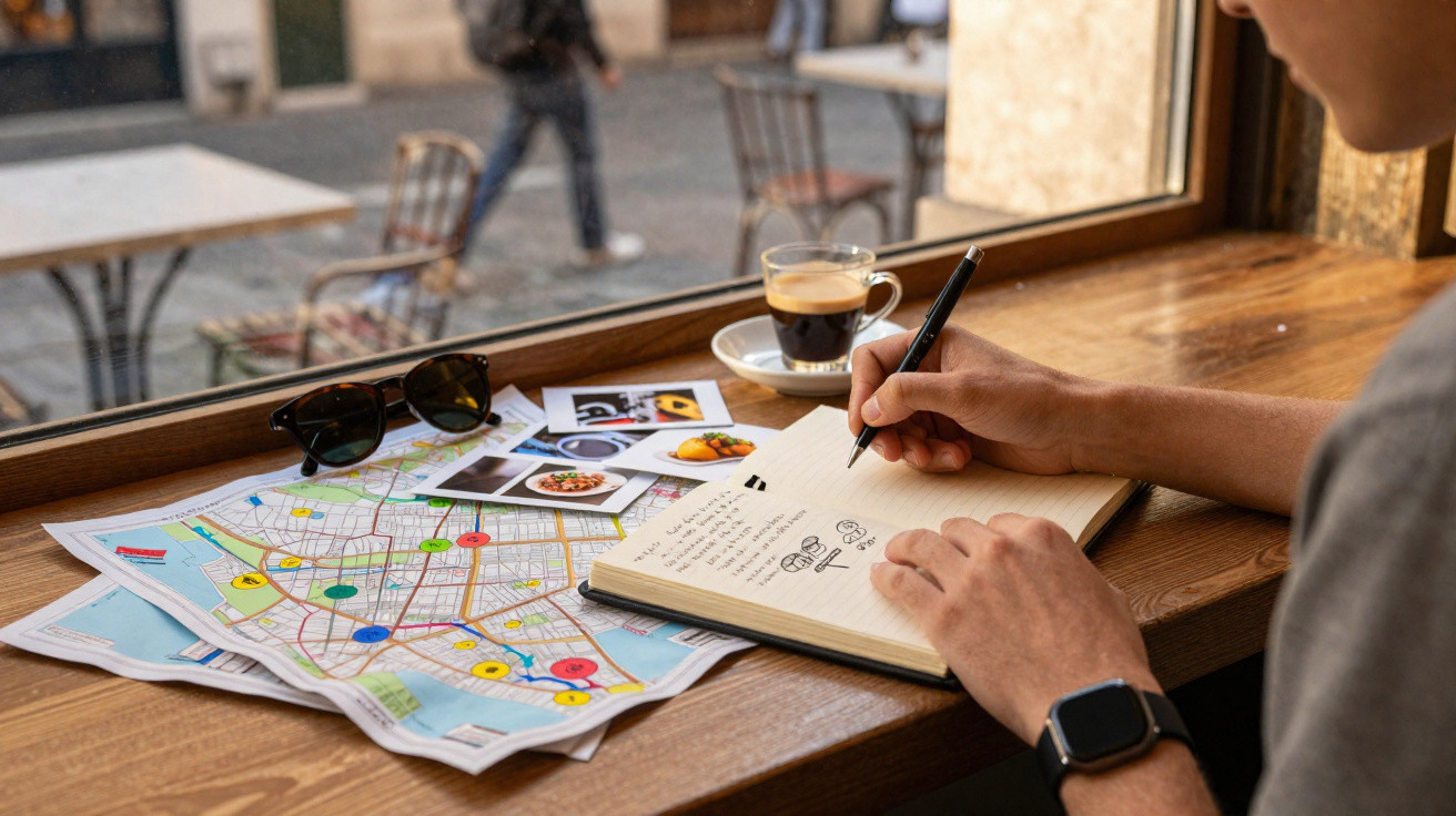 Pessoa escrevendo em caderno ao lado de mapa, fotos, óculos escuros e xícara de café em janela de café.